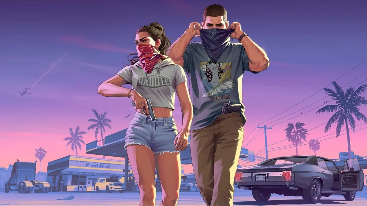 Illustrated masked couple with gun beside muscle car