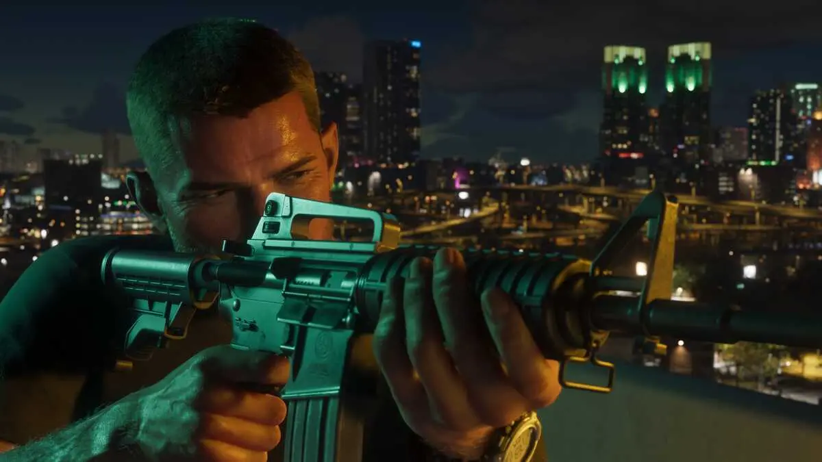 Man aiming rifle over illuminated city at night