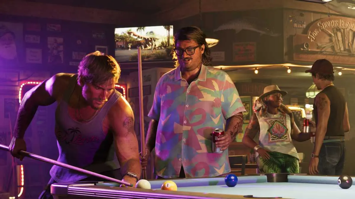 Friends playing pool in a neon-lit bar