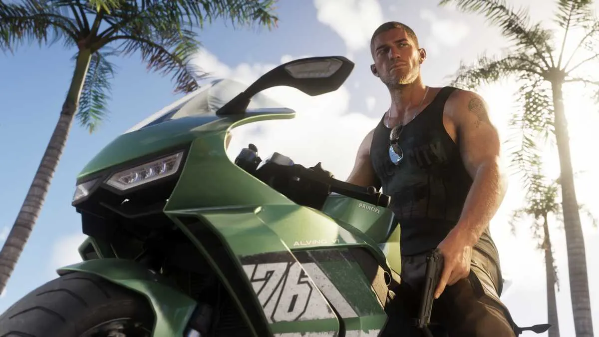 Man holding gun beside green sport motorcycle