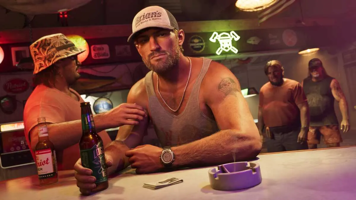 Muscular man holding beer in neon-lit bar