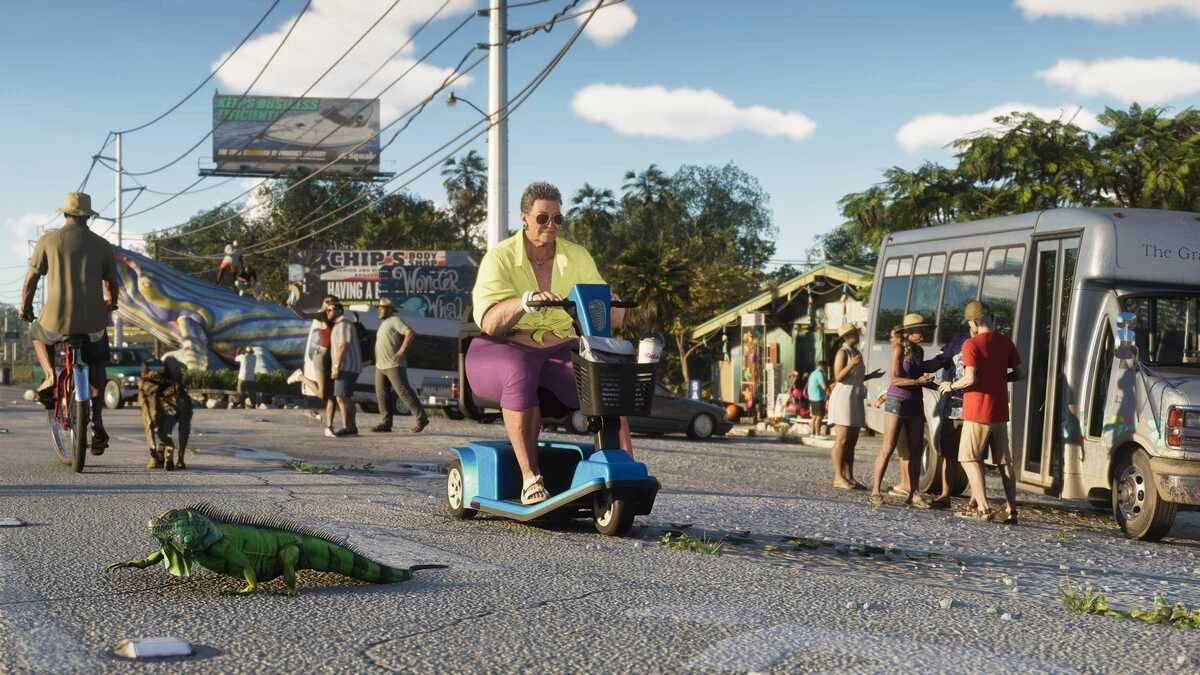 Woman rides mobility scooter past iguana and bus