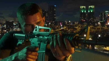 Man aiming rifle over illuminated city skyline at night