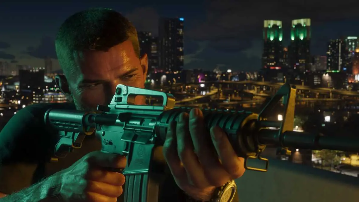 Man aiming rifle over illuminated city skyline at night