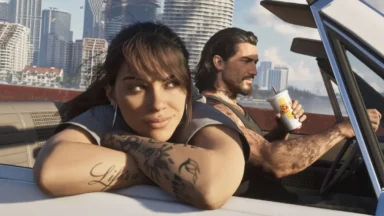 Tattooed couple rides in convertible through city skyline