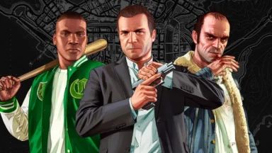 Three armed men in Grand Theft Auto V artwork