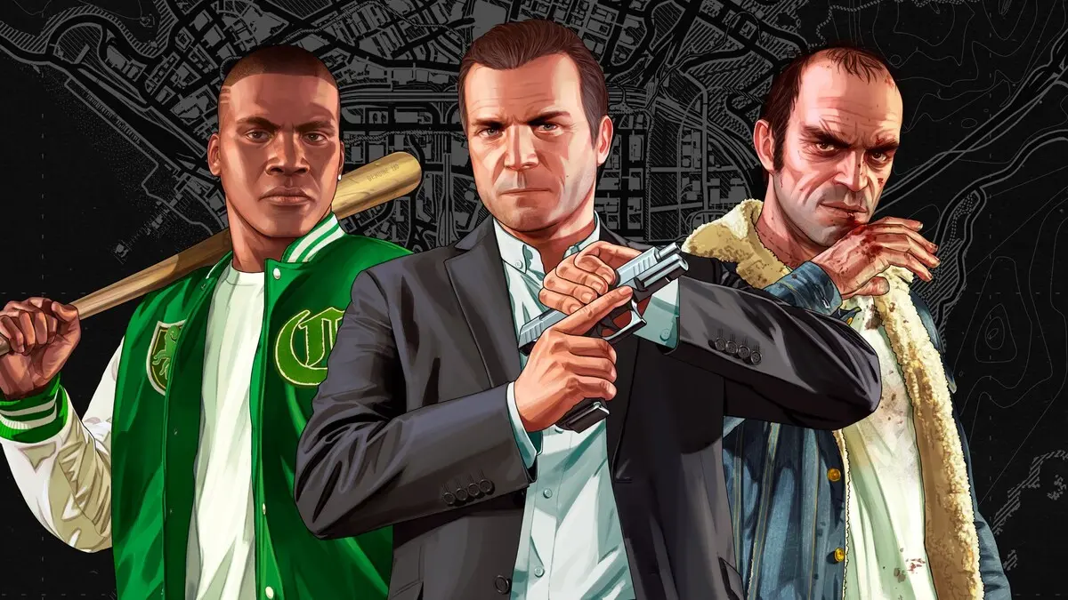 Three armed men in Grand Theft Auto V artwork