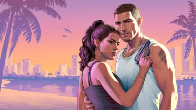 Illustrated couple holding gun on sunset beach