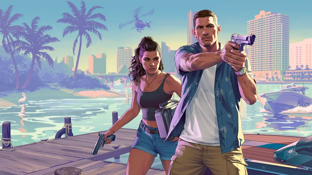 Armed duo on tropical city waterfront dock