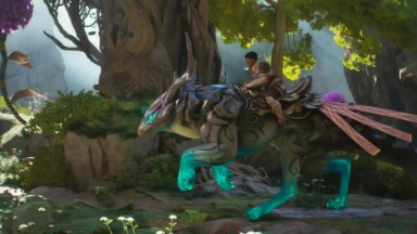 Rider on glowing armored fantasy beast in forest
