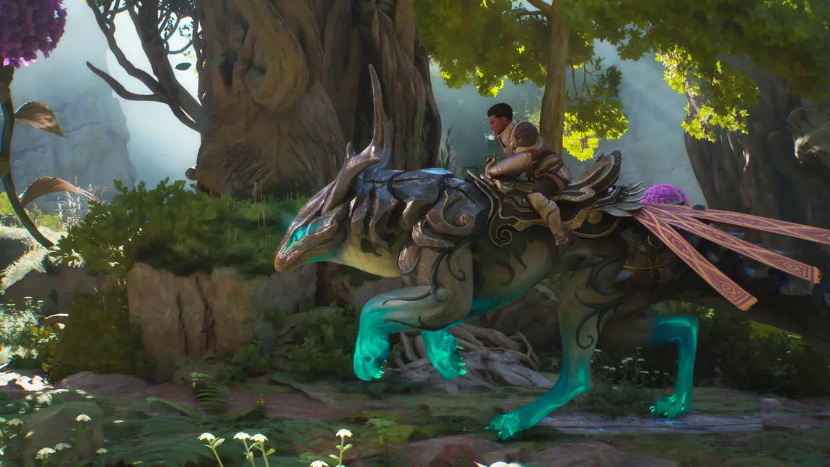 Rider on glowing armored fantasy beast in forest