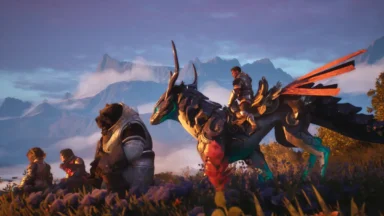Fantasy warriors and winged beast in mountain meadow