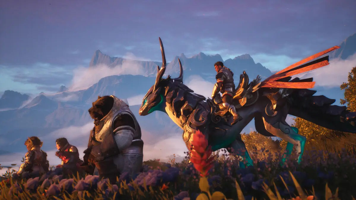 Fantasy warriors and winged beast in mountain meadow