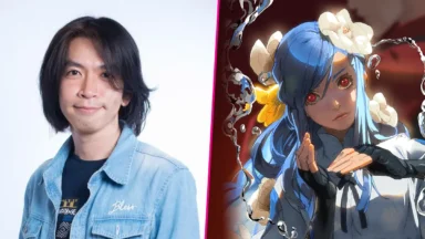 Portrait of man beside blue-haired anime character