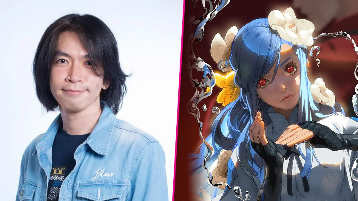 Portrait of man beside blue-haired anime character