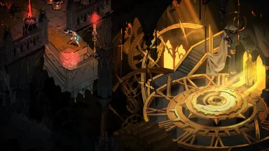 Fantasy warrior explores glowing clockwork dungeon