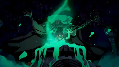 Mystical figure and glowing energy in dark setting.