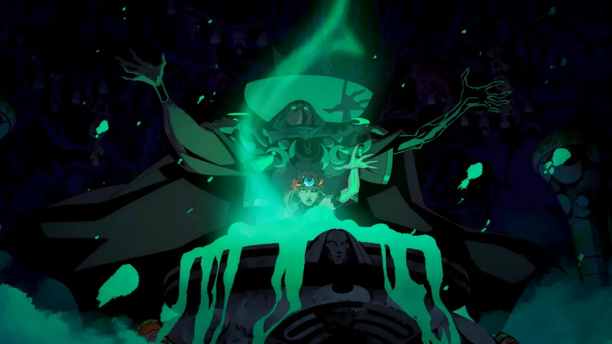 Mystical figure and glowing energy in dark setting.