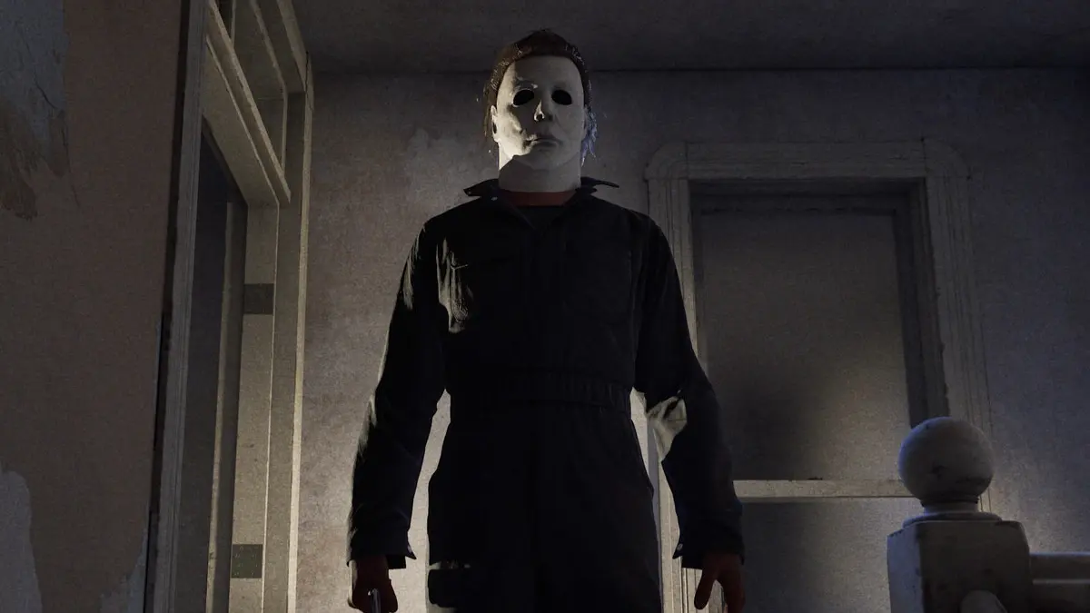 Masked horror figure stands in dimly lit hallway