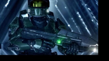 Futuristic armored soldier holding sci-fi rifle