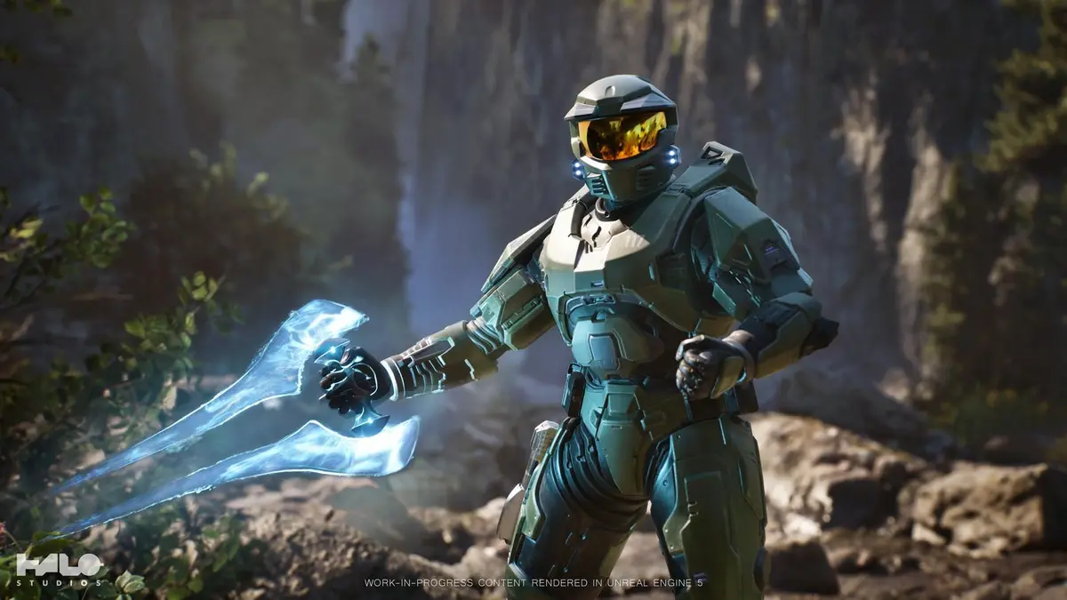 Green armored soldier holding glowing blue energy sword