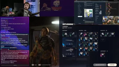 Streamer playing video game with chat and inventory screen.