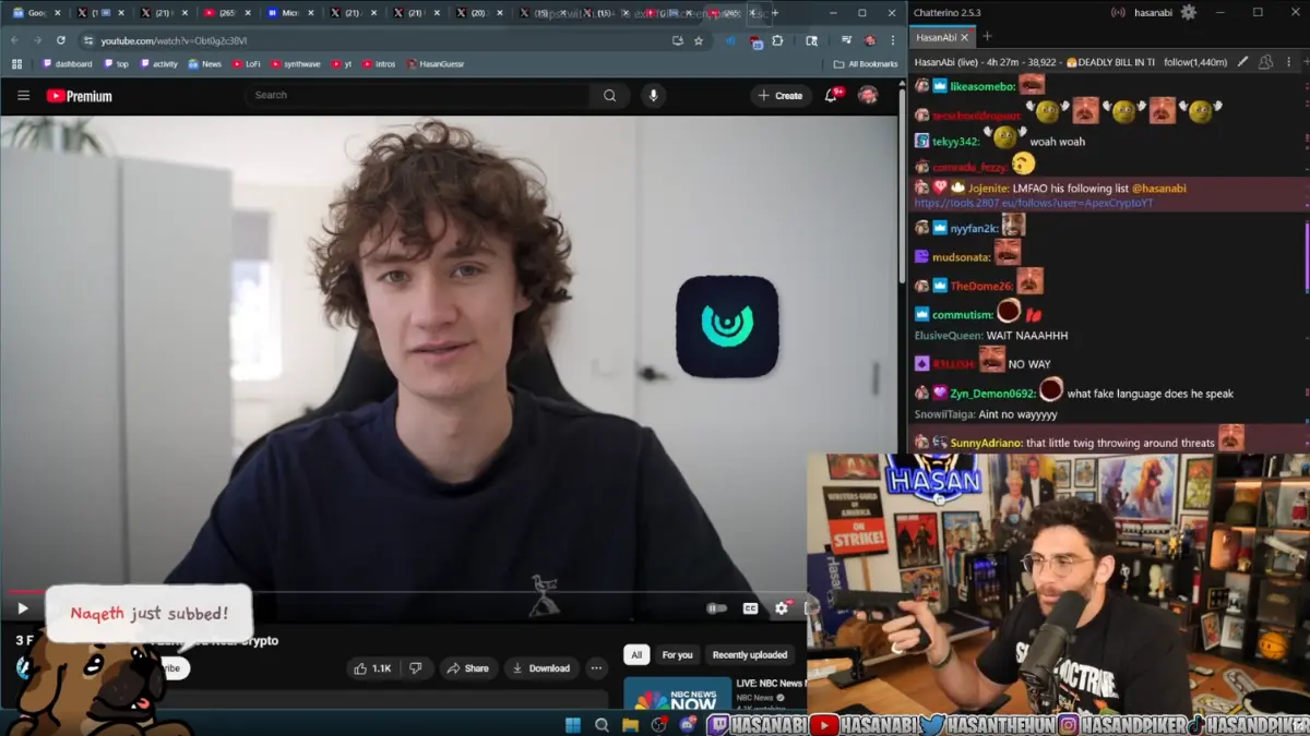 YouTube video stream with live chat overlay.