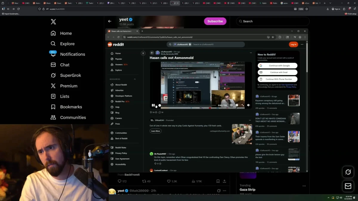Person streaming Reddit video on desktop screen