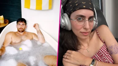 Man in bath, woman with headphones relaxing