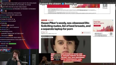 Livestream screen showing chat and controversial news article