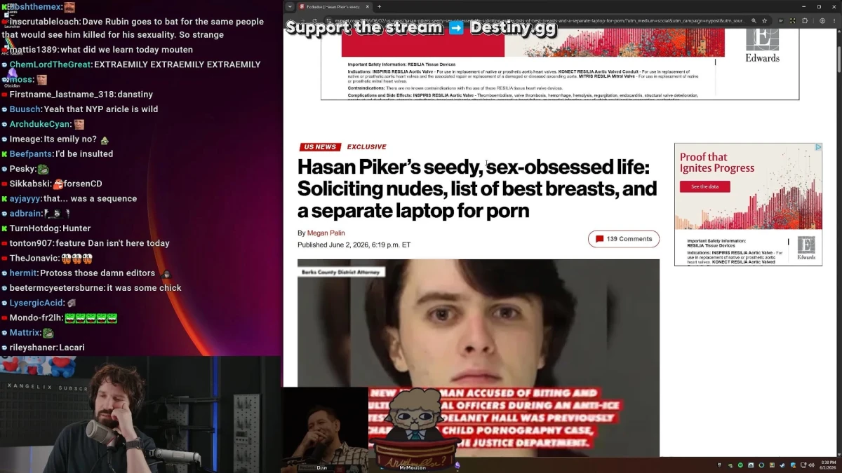 Livestream screen showing chat and controversial news article