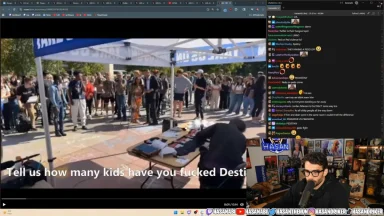 Streamer reacting to outdoor debate crowd scene