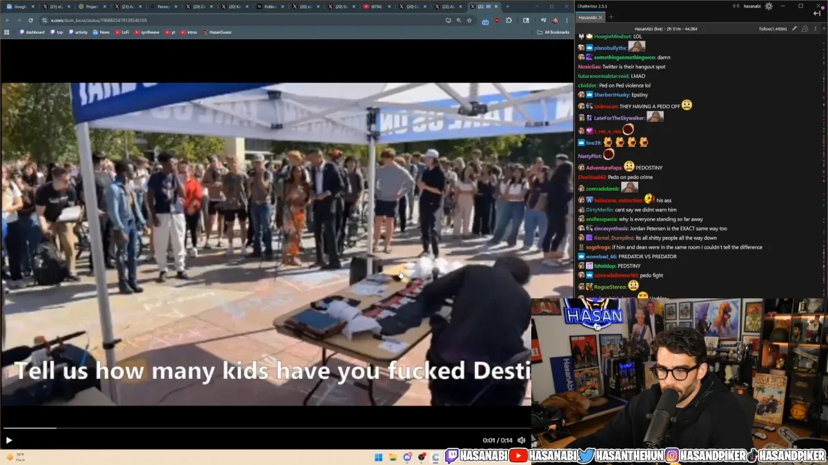 Streamer reacting to outdoor debate crowd scene