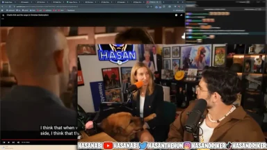 Streamers talking in studio with microphones and dog