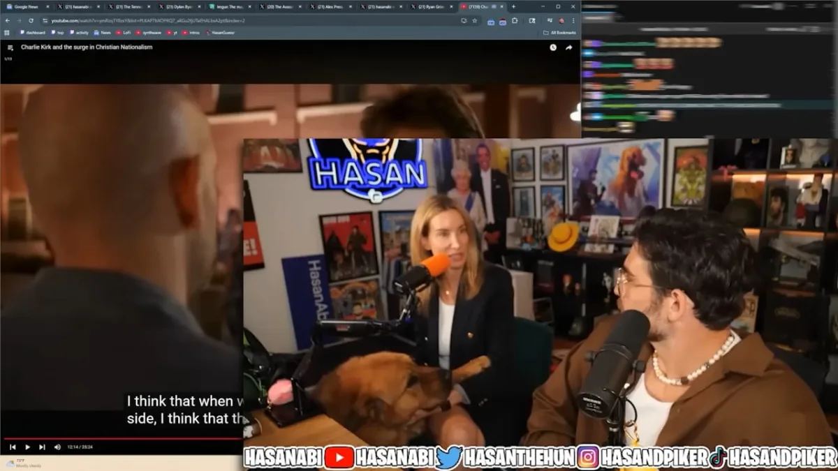 Streamers talking in studio with microphones and dog