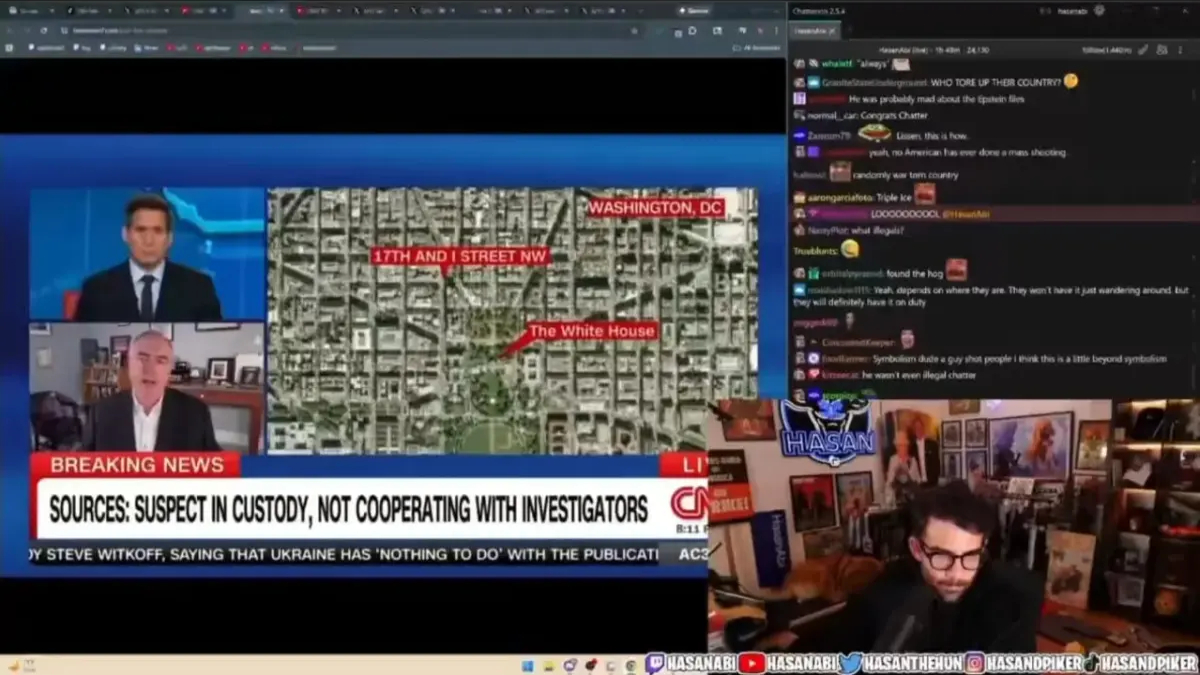 CNN broadcast showing Washington DC map and news discussion with HasanAbi.