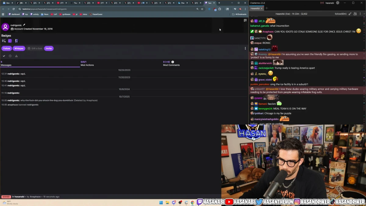 Streamer reviewing Twitch chat logs on live stream.