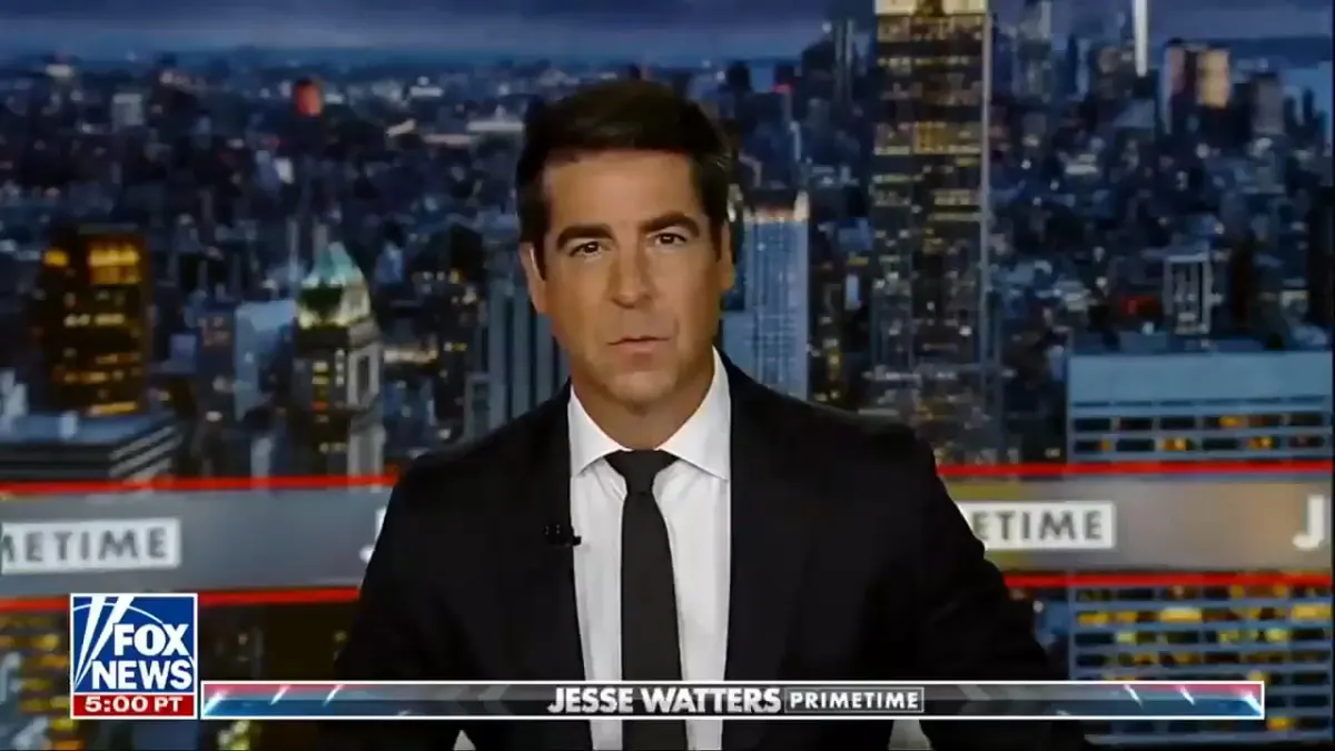 Jesse Watters hosting Fox News Primetime before city skyline