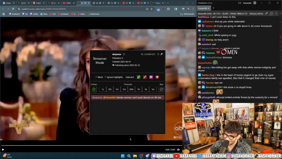 Streaming screen with chat and video controls visible.