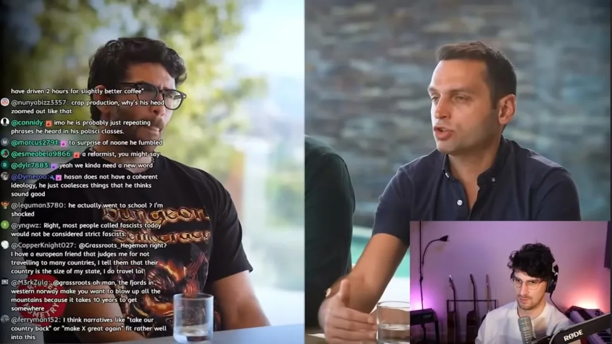 Three men discussing in a split-screen video call.