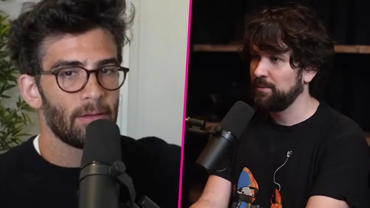 Two men talking into microphones during podcast