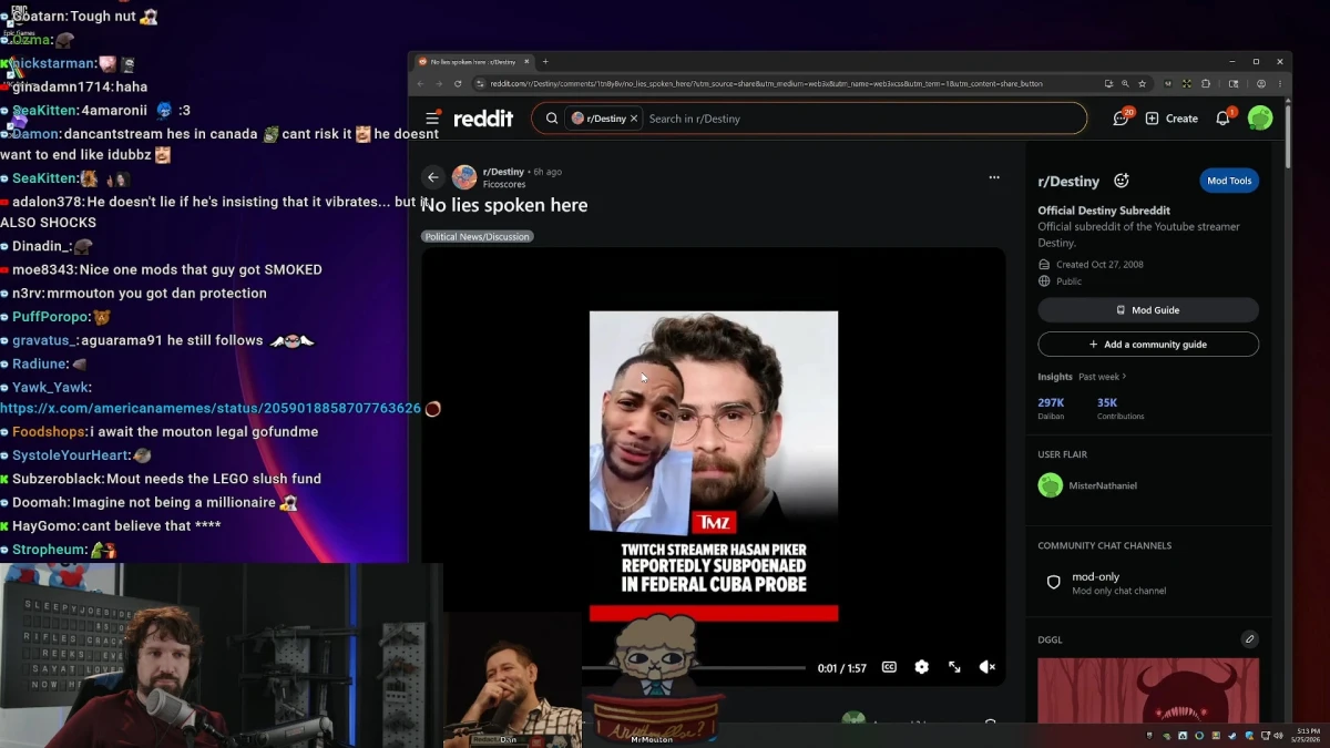 Livestream screen showing Reddit post with TMZ graphic