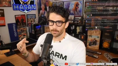 Streamer talking into microphone during live broadcast