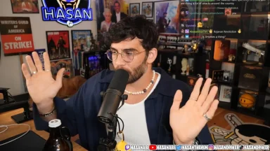 Streamer speaking into microphone during broadcast