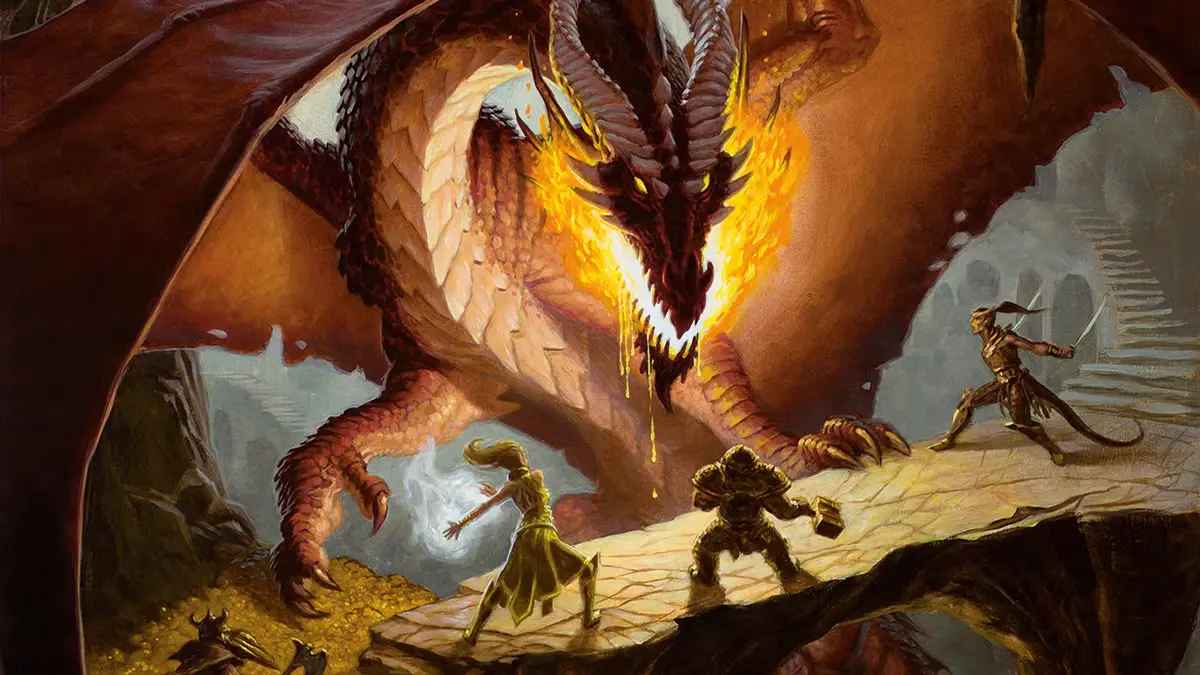 Dragon confronting adventurers on stone bridge