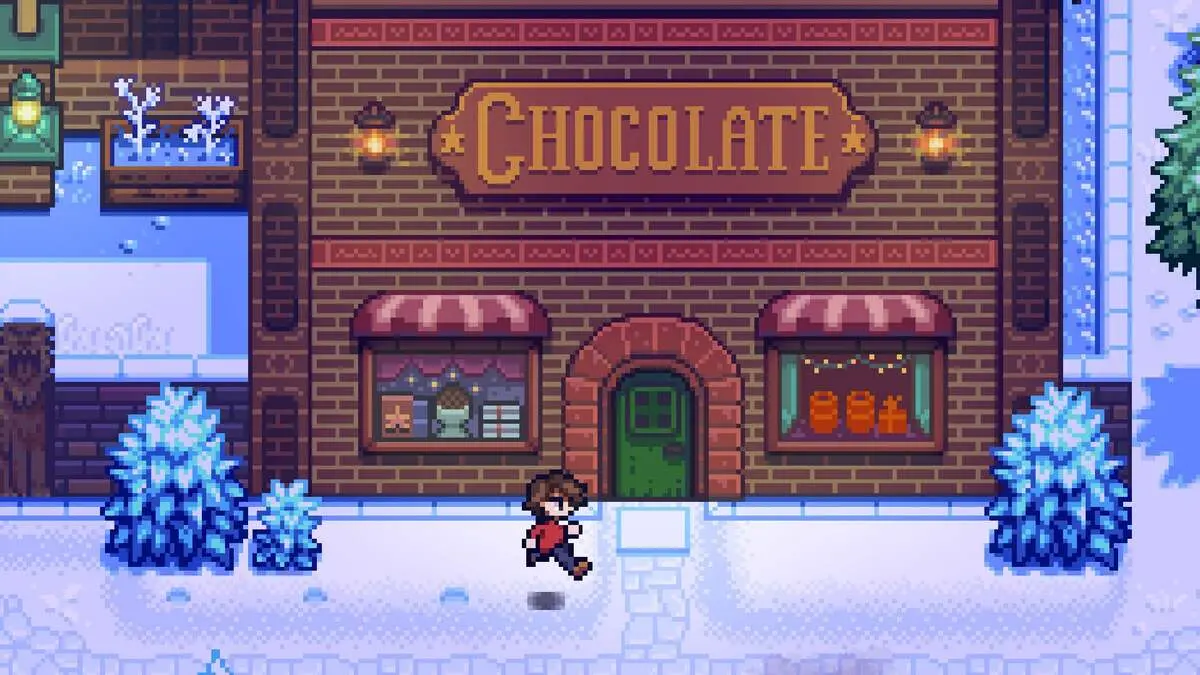 Pixel-art character walking past a snowy chocolate shop