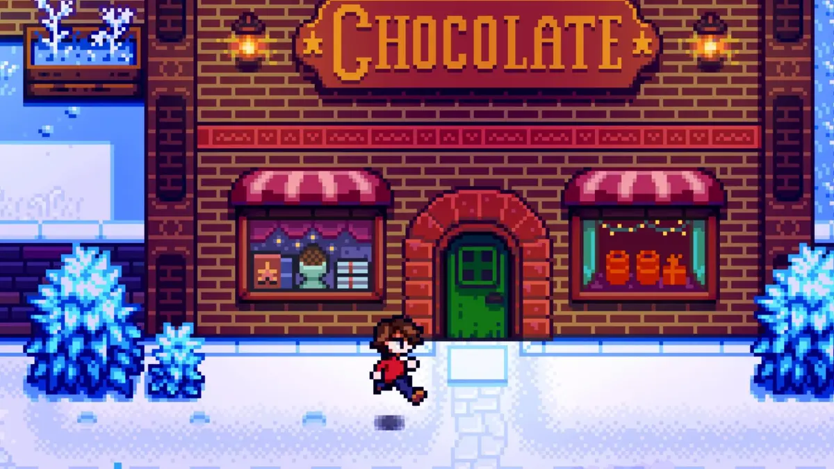 Pixel art character walking past chocolate shop in snow