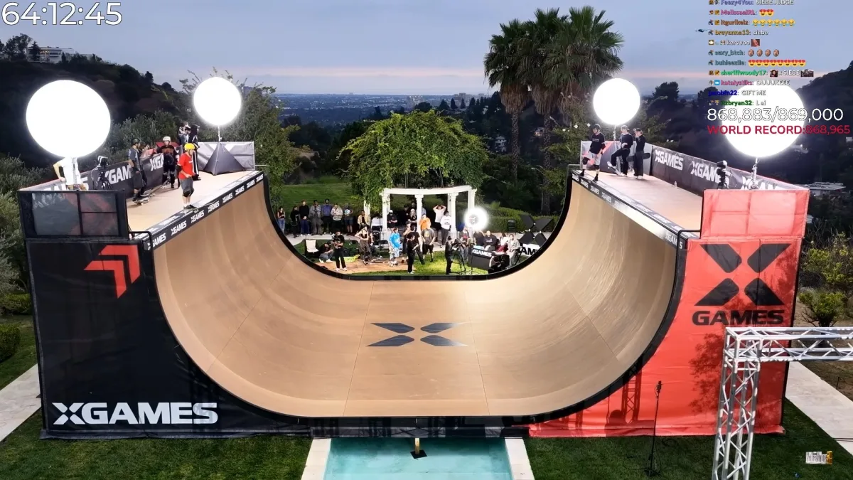 X Games halfpipe skateboarding event with spectators