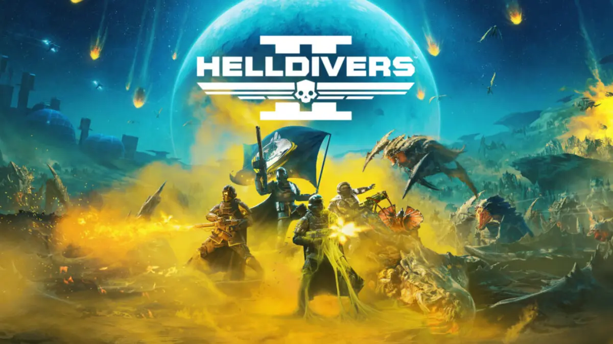 Helldivers II game cover with alien battle scene.