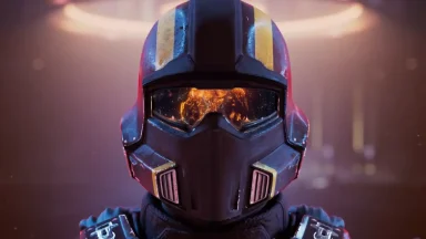 Futuristic helmet with space reflection in visor.